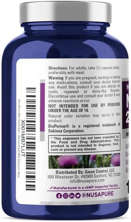 NusaPure Milk Thistle Extract 27,500mg 120 Veggie Capsules (50:1 Extract, Non-GMO, Gluten Free) Max Strength - Standardized 80% Silymarin, Bioperine