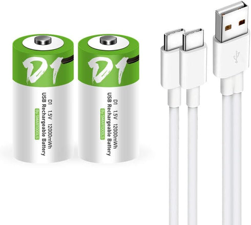 Rechargeable D Batteries 1.5V 12000mWh USB Lithium ion Rechargeable D Battery with USB Type C Charging Cable, High Capacity Fast Charge, 1200 Cycles Constant Output, Over-Charge Protection,2-Pack
