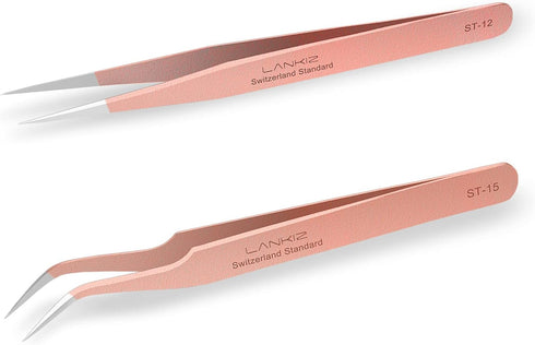 LANKIZ Eyelash Extension Tweezers Set, Stainless Steel Straight and Curved Volume Lash Tweezers for Professional Use,