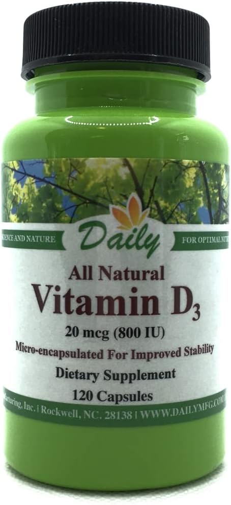 Daily Manufacturing Vitamin D3 800 IU (20 mcg), Non-GMO & Certified Kosher, 120 Vegetarian Capsules