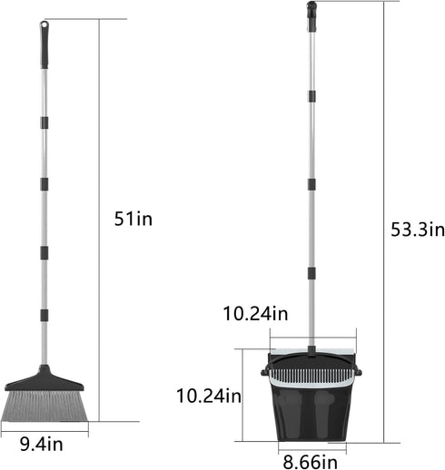 Broom and Dustpan Combo Set, 54" Long Handle Angle Broom and Dust Pan for Home Office Cleaning (Black and Grey)