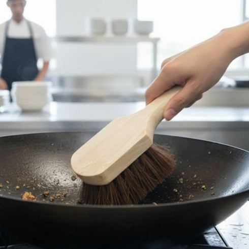 Soro Essentials 8 - Wok Pot Brush with Palmyra Bristles and Wooden Handle- Wok Brush Kitchen Cleaning Brush Pot Scraper