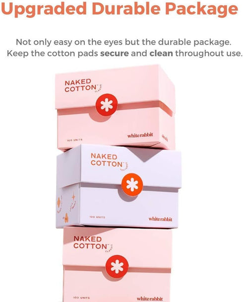 White Rabbit - NAKED COTTON Textured Facial Cotton Pads – 100% Cotton, Lint-Free, for Makeup Remover, 200 Count