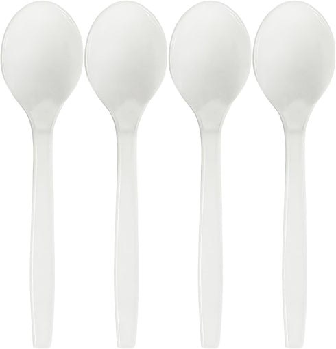 Kitchen Selection White Deluxe Soup Spoons - 50 Pack - Classic Disposable Plastic Cutlery for Parties, BBQs & Catering