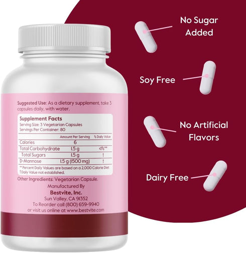 BESTVITE D-Mannose 500mg, 240 Vegetarian Capsules - No Stearates, Fillers, Vegan, Non-GMO, Gluten Free