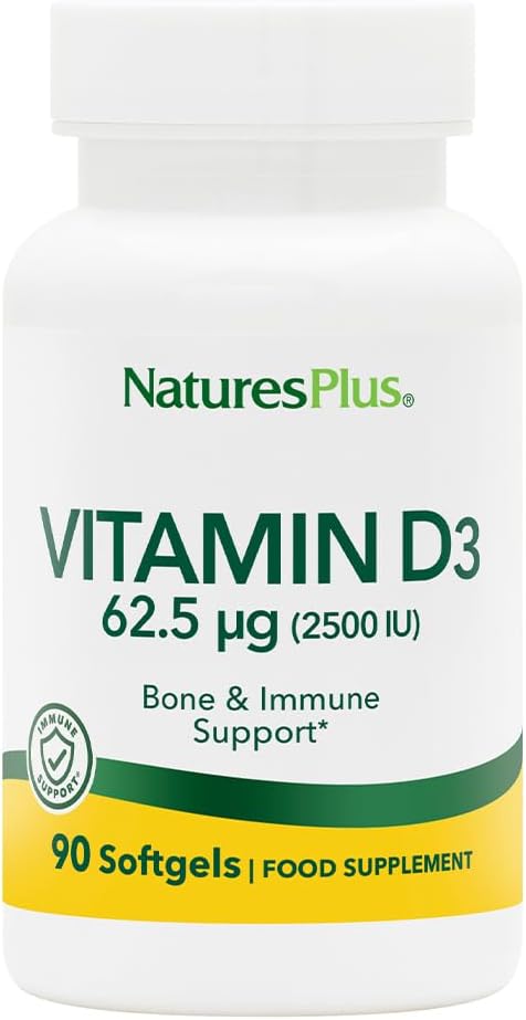 Natures Plus Vitamin D3 (Cholecalciferol) 2500 iu, 90 Softgels - Bone, Heart & Immune Support, Gluten-Free