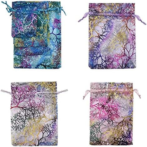Tvoip 100Pcs Organza Drawstring Pouches, Coral Pattern Jewelry Packaging Bags (Mix) 4x6" (10x15cm)