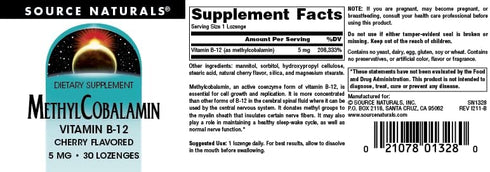 Methylcobalamin Vitamin B-12 5mg, Source Naturals, Cherry Flavored, 30 Lozenges