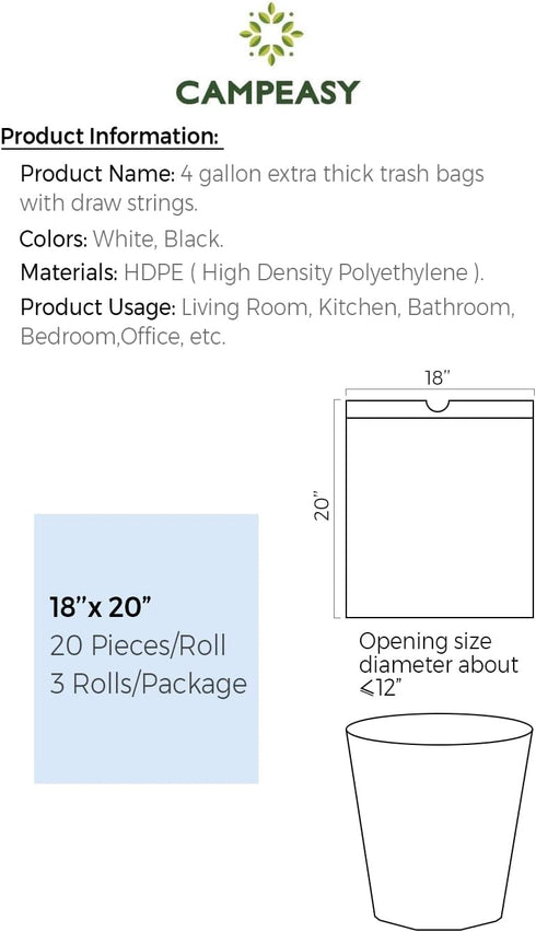 4 Gallon High Density Polyethylene (HDPE) Trash Bags, Extra Thick, 60 Count, No Leaking, White