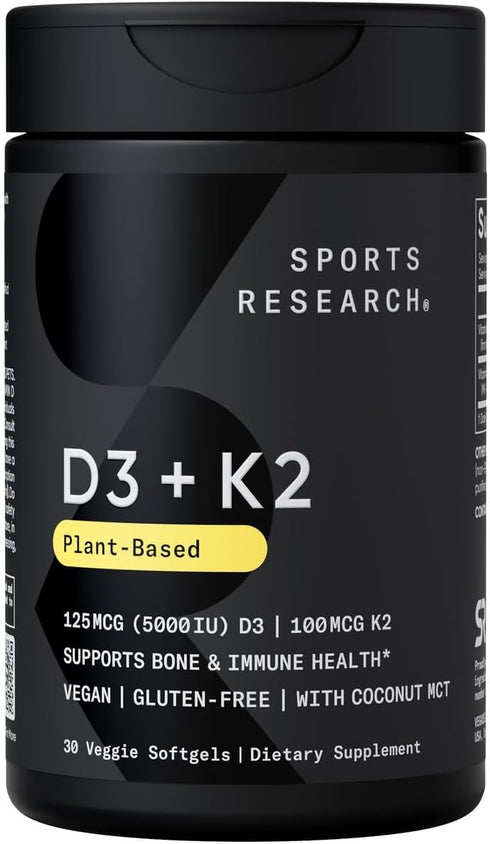 Sports Research Vitamin D3 K2 with Coconut Oil - Vegan D3 5000iu & K2 MK7 for Bone & Immune Health - 30 Softgels