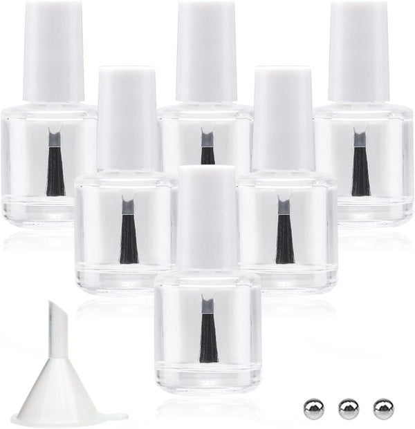 6PCS Empty Nail Polish Bottles with Brush, 10ML Clear Glass Refillable Bottles with Mixing Beads & Funnels