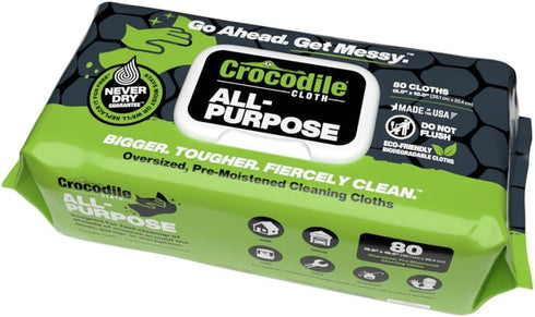 Crocodile Cloth All-Purpose - 80 Biodegradable, 10" X 15" Cleaning Wipes. Large, Moist, Absorbent and Disposable Cleaning Cloths. Safe on Skin and Multiple Surfaces.
