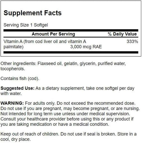 Swanson Vitamin A 10,000 IU (3,000 mcg RAE) Natural Nourishment for Bone, Skin Health, Vision Support & Immune System Function - High Absorption Vitamin A 250 Softgels