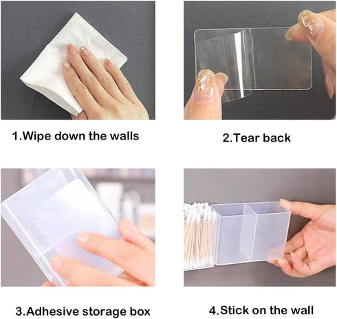 4PCS Medium Wall Mount Storage Box, 4 Compartment Transparent Plastic Makeup Brush Lipstick Holder, Self-Adhesive