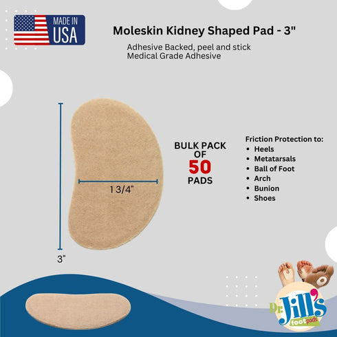 YJ15-8068, (50 Pack) Dr. Jill's Foot Pads, Latex Free, Kidney Shaped Pad Moleskin Blister Pad