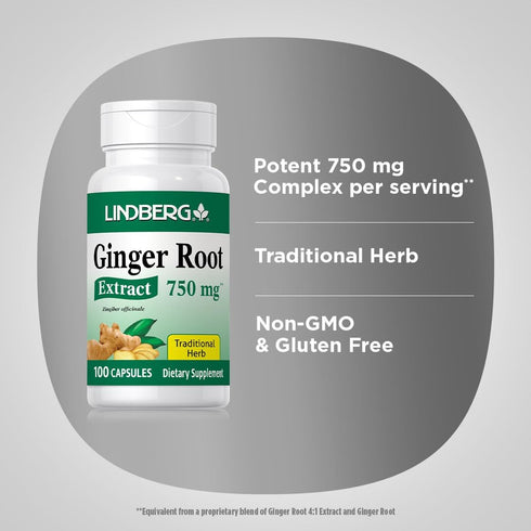 Lindberg Ginger Root Capsules | 750 mg | 100 Count | Non-GMO, Gluten Free Supplement