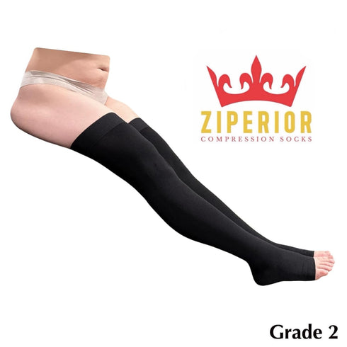 Ziperior 20-30 mmHg Thigh High Compression Wide Calf Inside Leg Zipper Open Toe (Black, Large-X-Large)