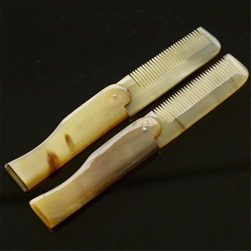 2Pcs Brown Yak Horn Comb, Foldable Portable Hairdressing Tool for Moustache Beard Styling, Hair Care