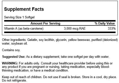 Swanson Beta-Carotene - Vitamin A Supplement Promoting Immune Health, Eye & Skin Health - Natural Wellness Formula - (250 Softgels, 3000mcg Each)