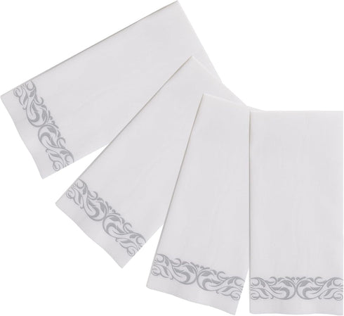200 Disposable Hand Towels, Soft Absorbent Linen Feel Dinner Napkin, White and Silver