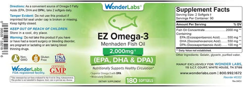 EZ Omega-3 Atlantic Menhaden Fish Oil Supplement 2000 mg, Burpless, EPA+ DHA + DPA, 180 Softgels Made in USA