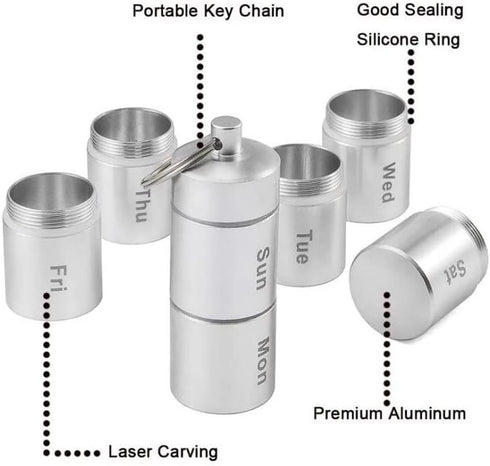Portable Pill Case Keychain Waterproof, 7 Days Pill Holder Travel Container, Airtight Organizer for Outdoor Camping