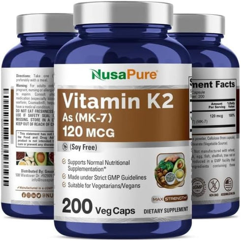NusaPure Vitamin K2 MK7 120 mcg - 200 Veggie Caps (Soy Free, Non-GMO, Vegan)