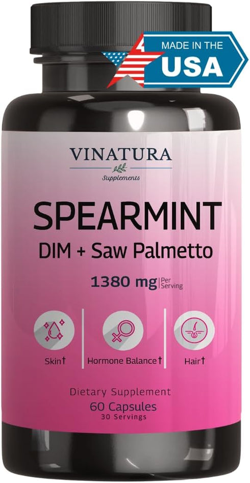 Spearmint Leaf Capsules Supplement, 1380mg/serving, enhanced with DIM & Saw Palmetto for Women’s Health, 60 Capsules