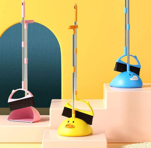 Cute Duck Cleaning Broom and Dustpan Set with Long Handle for Home Kitchen Room Office, Indoor Outdoor (Yellow)