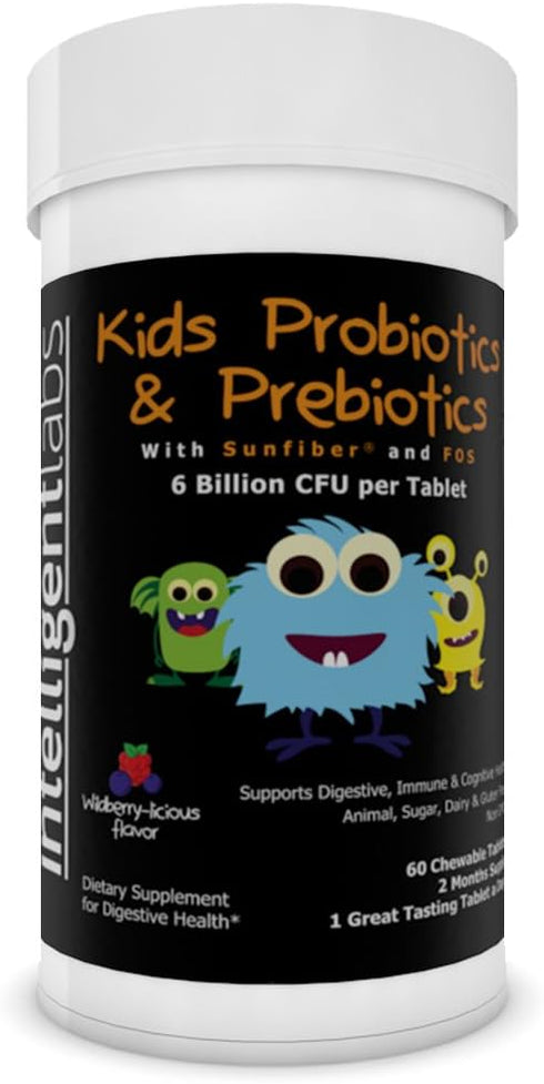 Intelligent Labs 6 Billion CFU Kids Probiotics with Prebiotics, Chewable Probiotic for 10x Effectiveness, 60-Day Supply