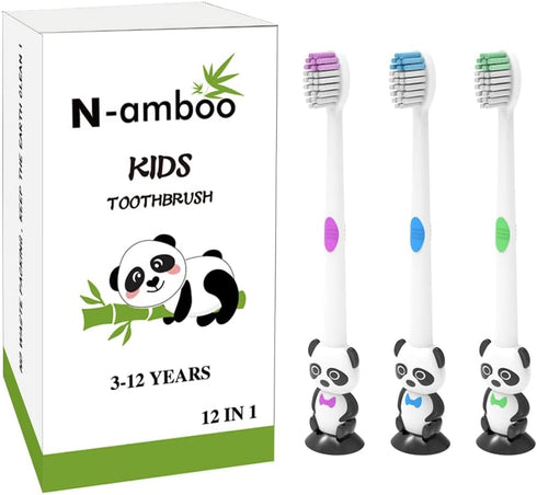 12 Pieces Kids Cartoon Panda Toothbrush Soft Bristles Individually Wrapped with Suction Cup for Boys and Girls 3-12