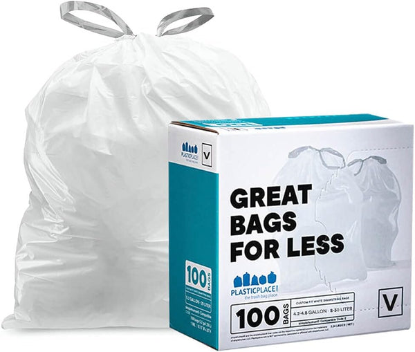 Plasticplace Custom Fit Trash Bags, Compatible with simplehuman Code V (100 Count) White Drawstring Liners
