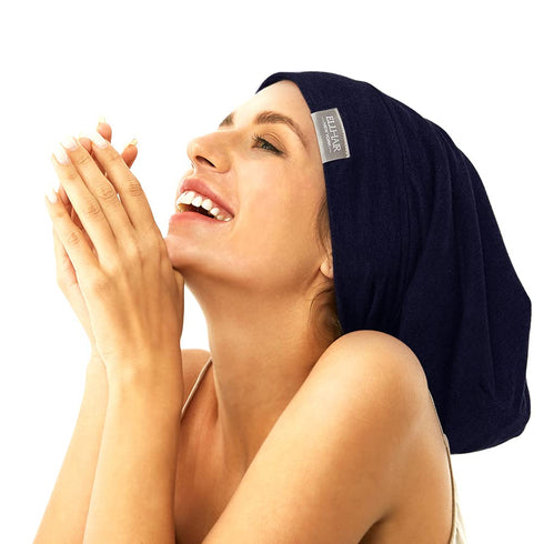 Sleep Beanie Cap, Lined Silky Satin Bonnet, Adjustable Soft Slouchy Hats for Women and Girls, Navy