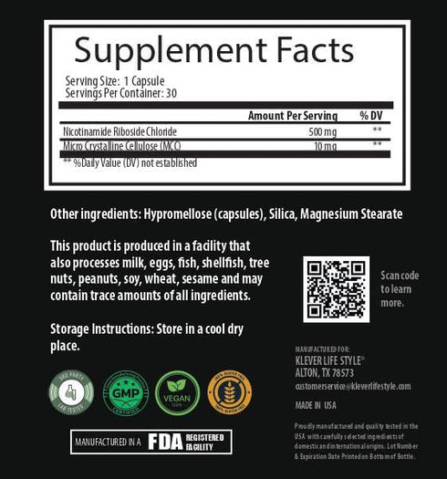 Klever Lifestyle Nicotinamide Riboside Supplement - Cellular Function & Anti Aging Support, Vitamin B3 Family, 500mg