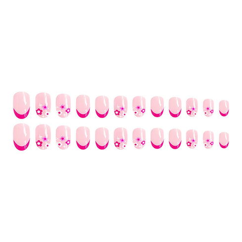 Press on Nails Short Almond French Tip Fake Nails, Pink Full Cover Floral False Nails with White Star Designs