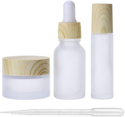 3Pcs Empty Translucent Frosted Glass Cosmetic Containers, Wood Grain Cap, 30ml Jar, 20ml Dropper, 10ml Roller