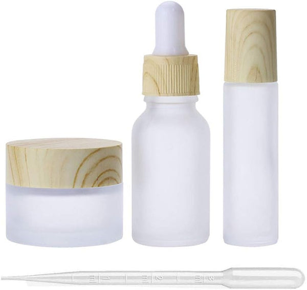 3Pcs Empty Translucent Frosted Glass Cosmetic Containers, Wood Grain Cap, 30ml Jar, 20ml Dropper, 10ml Roller
