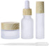 3Pcs Empty Translucent Frosted Glass Cosmetic Containers, Wood Grain Cap, 30ml Jar, 20ml Dropper, 10ml Roller
