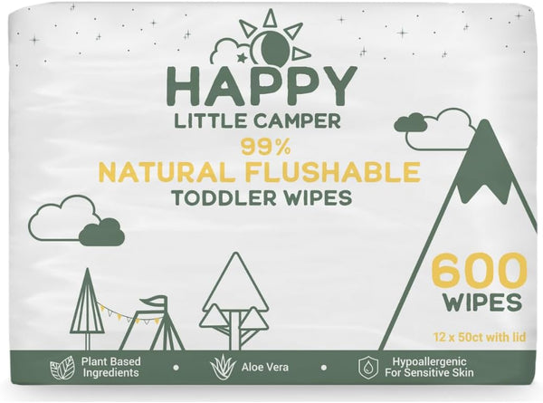 Happy Little Camper Natural Flushable Wet Wipes, 600 Count, Aloe Vera and Vitamin E, Hypoallergenic