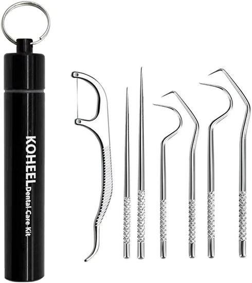 KOHEEL Toothpicks Pocket Set, Reusable Dental Floss Picks Kit, Stainless Steel Teeth Cleaning Tools, 7 Count
