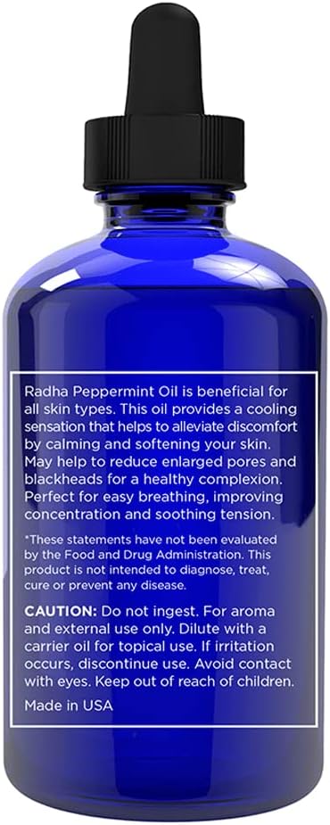 Radha Beauty Peppermint Essential Oil, 4 oz, 100% Pure & Therapeutic Grade, Fresh Minty Scent for Aromatherapy
