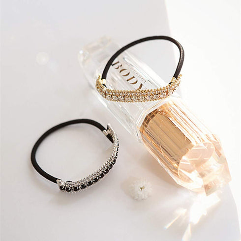 Ruihfas Stretchy Elastic Ponytail Holder, 1Pcs Sparkling Crystal Rhinestone Hair Band for Women (Gold Tone White)