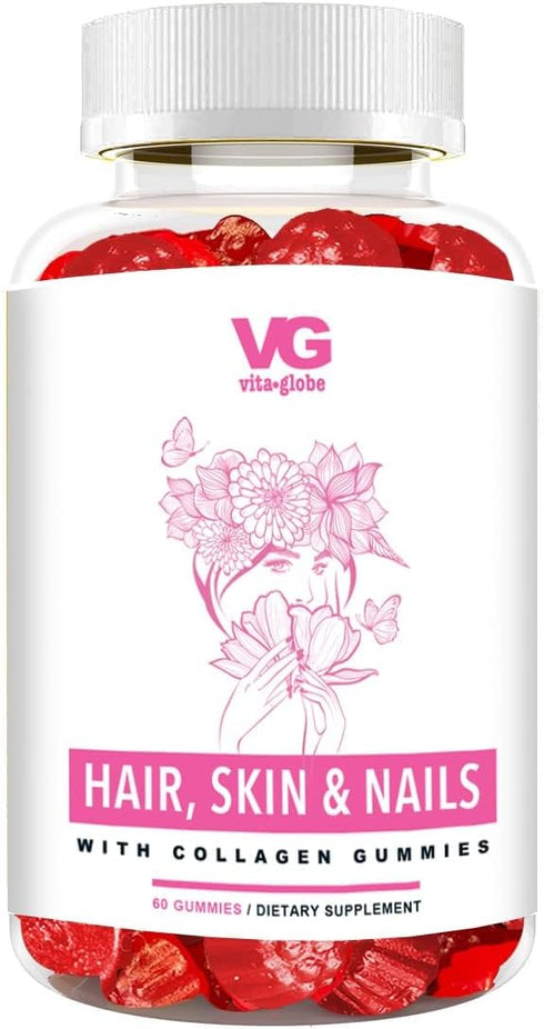 VitaGlobe Hair Skin and Nails Gummy with Collagen, 60 Count - Vitamins A, C, D, E, B6 & Biotin for Healthy Hair