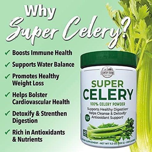 COUNTRY FARMS Super Celery Powder | 100% Celery Powder for Healthy Digestion & Detox, 40 Servings, 11.3 Oz