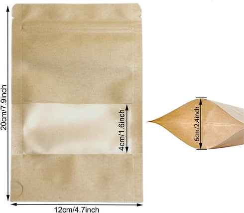 100pcs Kraft Paper Stand Up Pouches, Ziplock Food Storage Bags with Matte Window, Reusable, Heat-Sealable