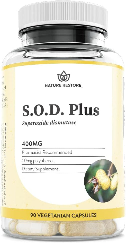 Nature Restore S.O.D. Superoxide Dismutase Supplement, Vegan, 90 Capsules, 4,000 IU SOD-Like Activity, Non-GMO, Gluten