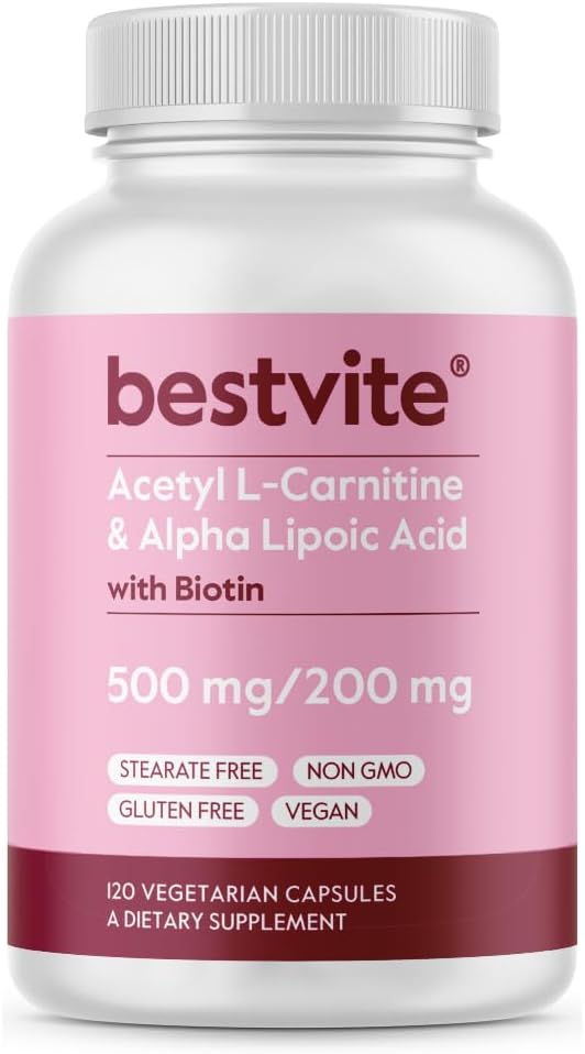 BESTVITE Acetyl L-Carnitine 500mg & Alpha Lipoic Acid 200mg, 120 Vegetarian Capsules, No Stearates