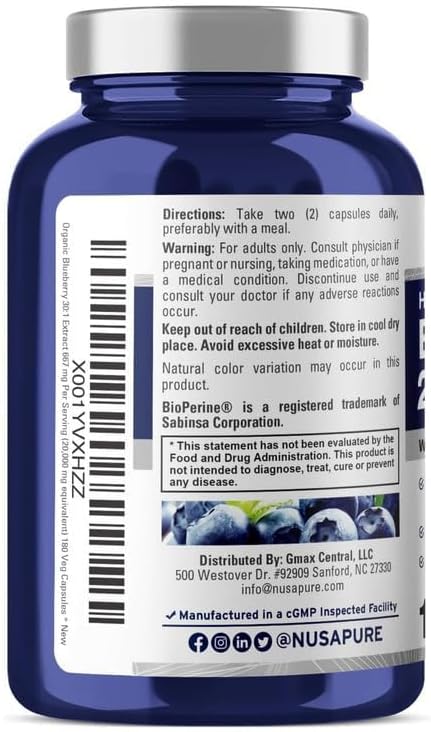NusaPure Blueberry Concentrate 20,000mg - 180 Veggie Powder Caps, 100% Vegetarian, Non-GMO