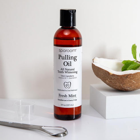 SpaRoom Ayurveda Pulling Oil Mouthwash and Tongue Scraper, Coconut Oil and 7 Essential Oils, 8 Fl. Oz