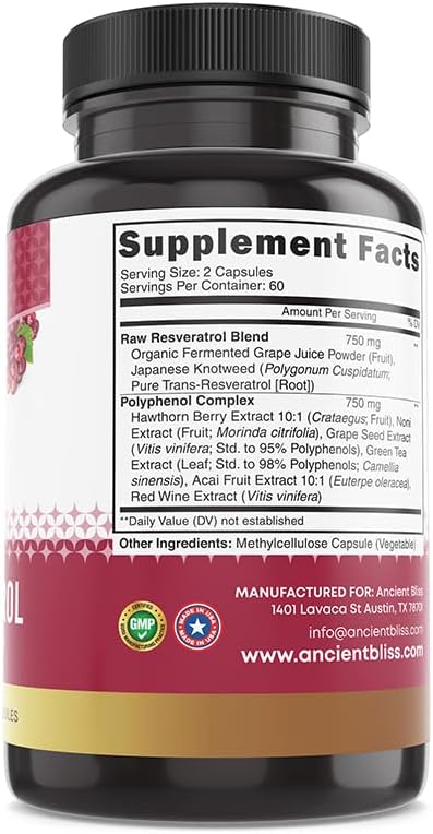 Ancient Bliss Resveratrol Antioxidant Supplement with Green Tea & Grape Seed Extract for Vitality & Immune Support